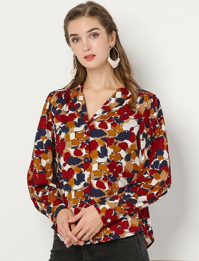 Work Print Floral Long Sleeve Lapel Collared Button Down Shirt
