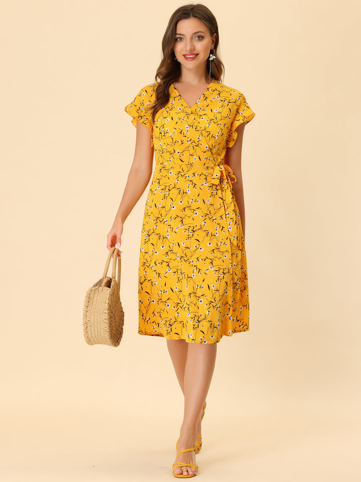 flutter sleeve midi wrap dress Ditsy Floral V Neck Ruffle Flutter Sleeve Midi Wrap Dress, Yellow / M