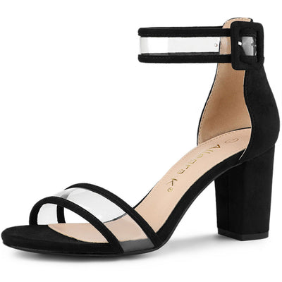 Faux Suede Clear Ankle Strap Chunky Heel Sandals