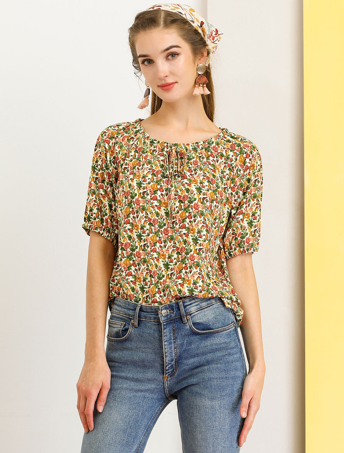 Allegra K Floral Print Round Neck Peasant Casual Puff Short Sleeve Blouse