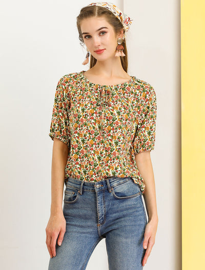 Floral Print Round Neck Peasant Casual Puff Short Sleeve Blouse
