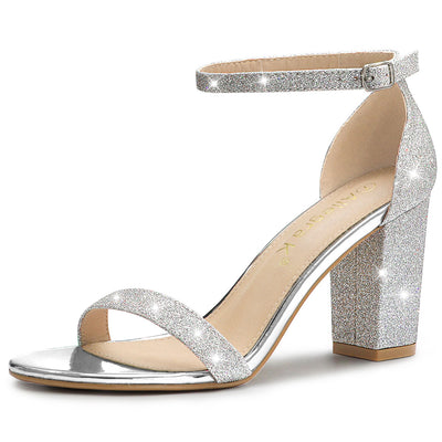 Glitter Ankle Strap Chunky Heel Sandals