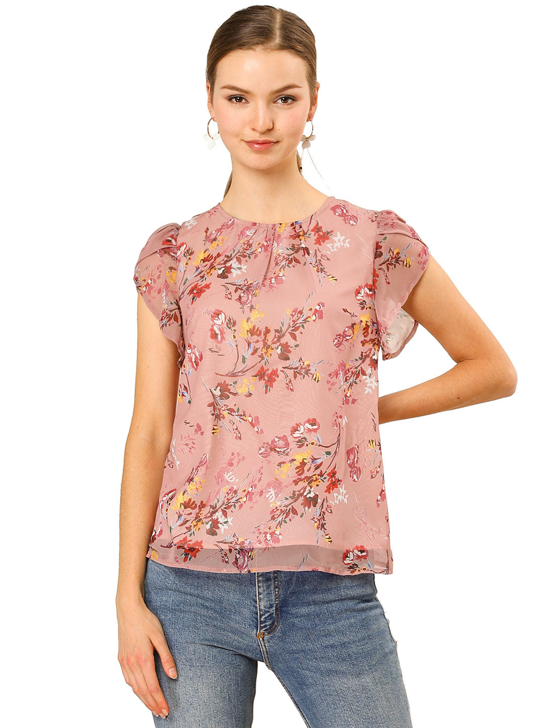 Allegra K Elegant Top Shirt Short Sleeve Floral Chiffon Blouse