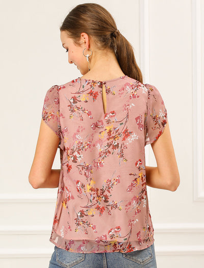 Elegant Top Shirt Short Sleeve Floral Chiffon Blouse
