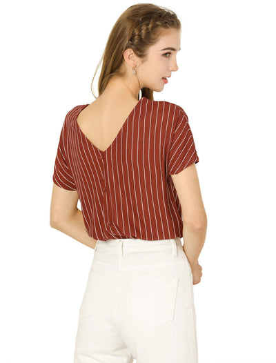 Round Neck Blouse Short Sleeve Vertical Striped Shirt