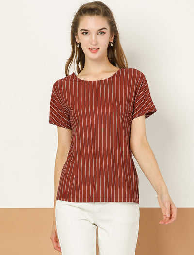 Round Neck Blouse Short Sleeve Vertical Striped Shirt