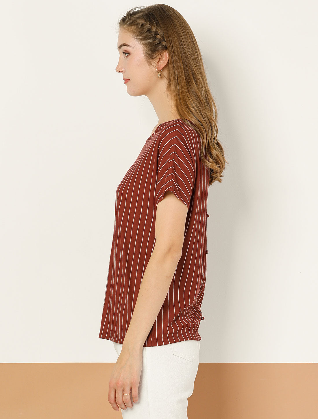 Allegra K Round Neck Blouse Short Sleeve Vertical Striped Shirt