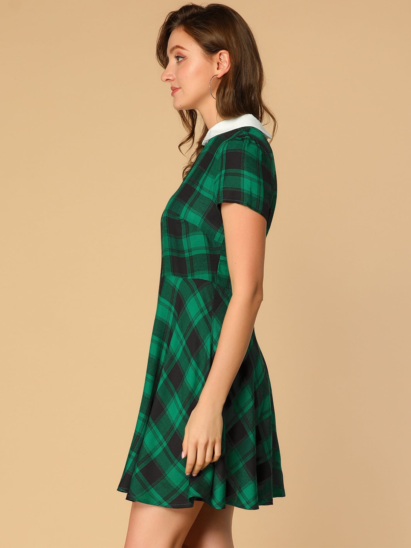 Allegra K Plaid Grid Peter Pan Collar Contrast Short Sleeve A-line Dress