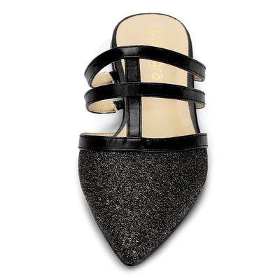 Glitter Pointed Toe T Strap Slip On Flats Mules