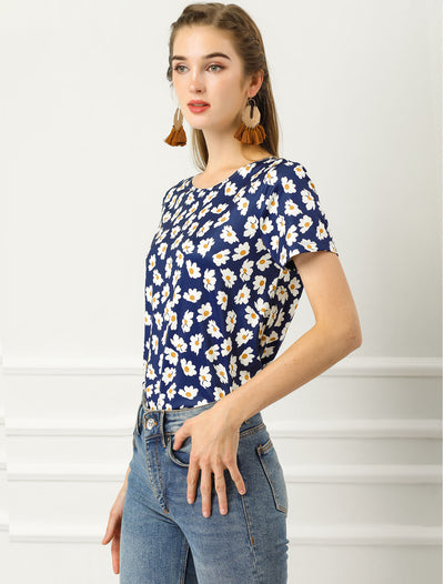 Floral Top Crew Neck Short Sleeve Blouse Summer Casual T-Shirt