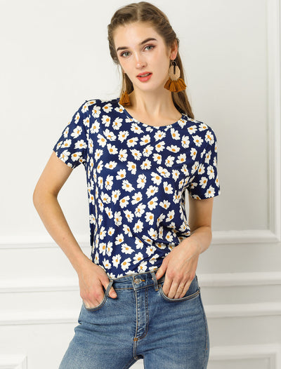Floral Top Crew Neck Short Sleeve Blouse Summer Casual T-Shirt
