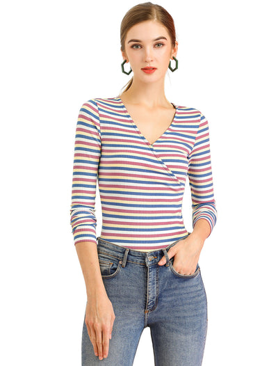 Stripe Rainbow Tops Slim Long Sleeve Knit Colorful T-Shirt