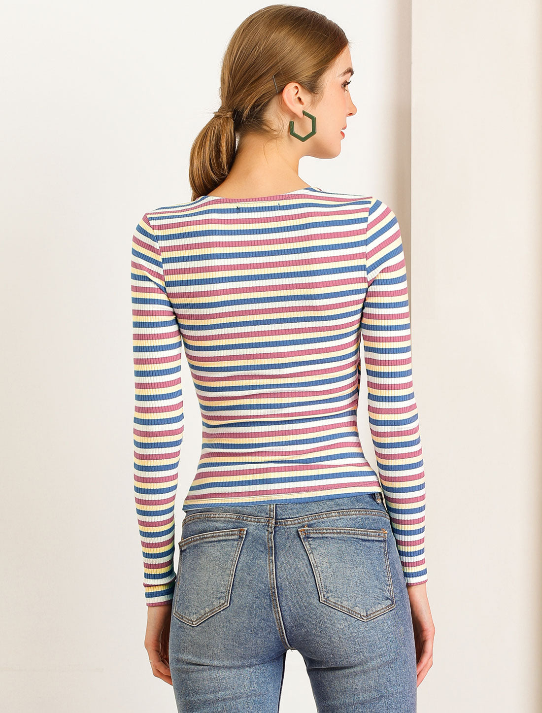 Allegra K Stripe Rainbow Tops Slim Long Sleeve Knit Colorful T-Shirt