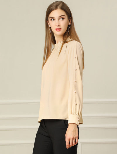 Allegra K Chiffon Blouse Ruched Stand Collar Pearl Beaded Long Sleeve Work Top