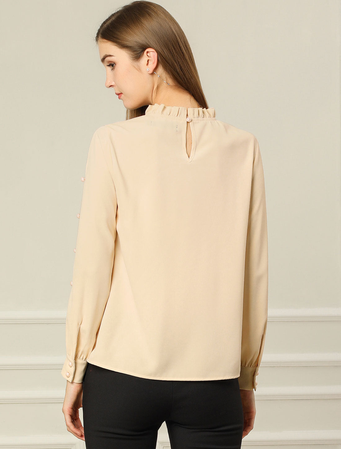 Allegra K Chiffon Blouse Ruched Stand Collar Pearl Beaded Long Sleeve Work Top