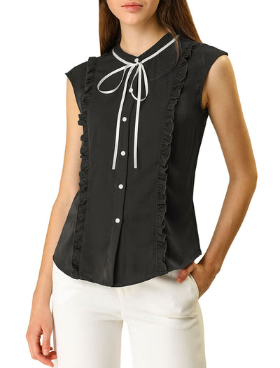 Cute Tie Neck Summer Ruffle Solid Color Sleeveless Button Down Shirt