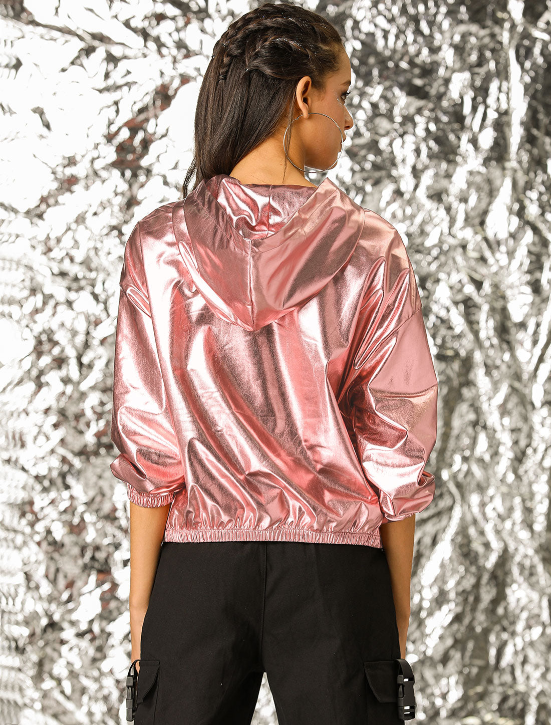 Allegra K Holographic Party Shiny Lightweight Zipper Hooded Metallic Jacket