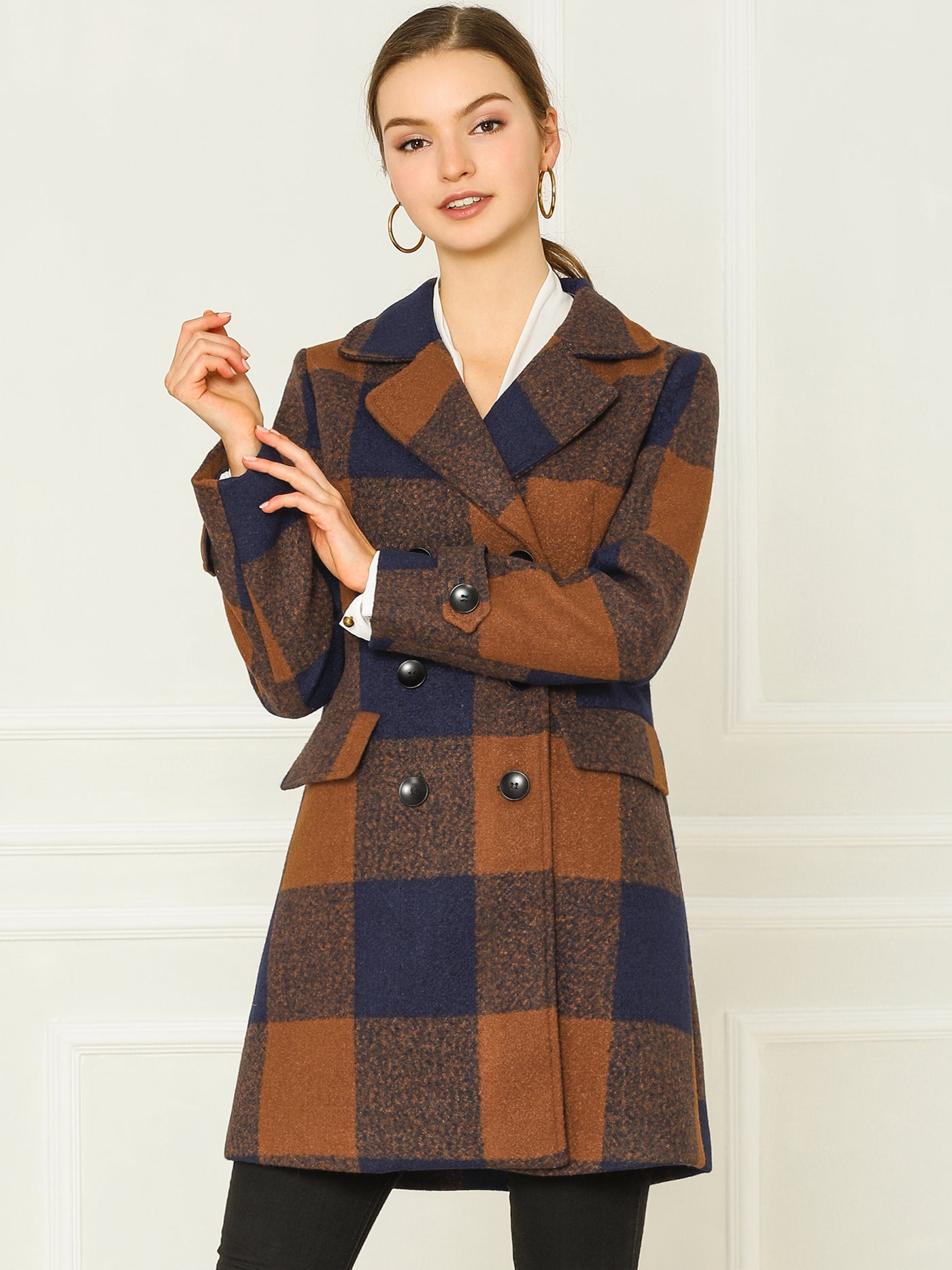 Allegra K Buffalo Checks Double Breasted Notched Lapel Plaid Trench Coat