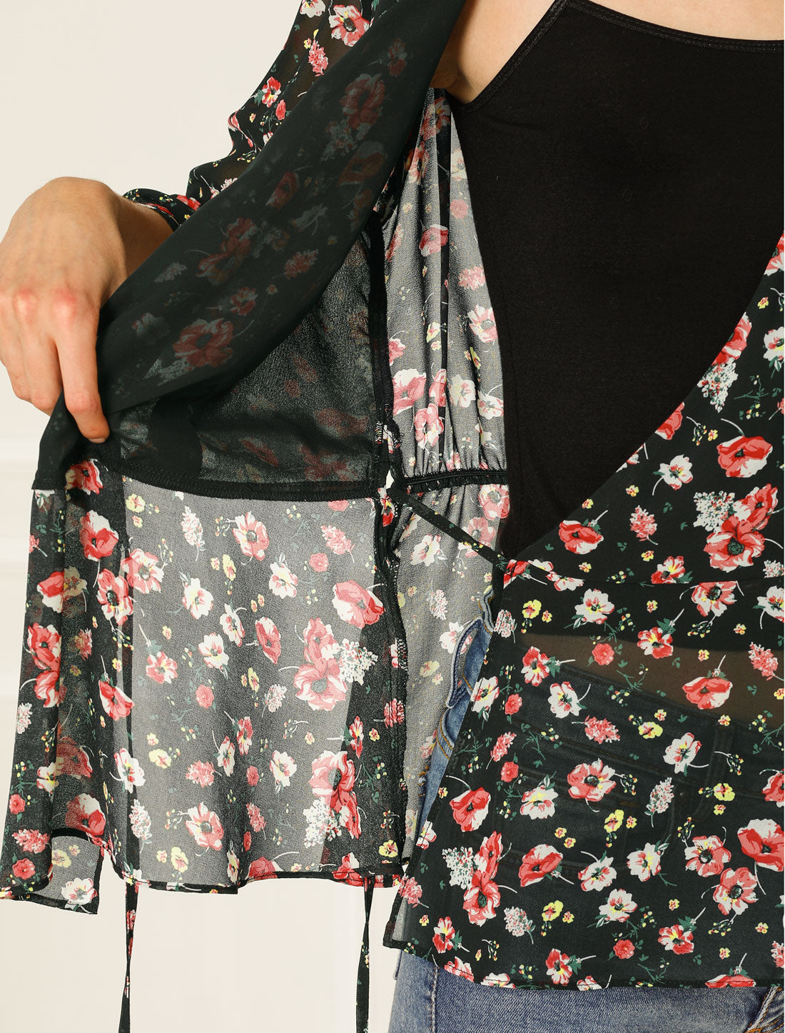 Allegra K Floral Print Tie Waist Blouse Ruffle Neck Chiffon Wrap Top