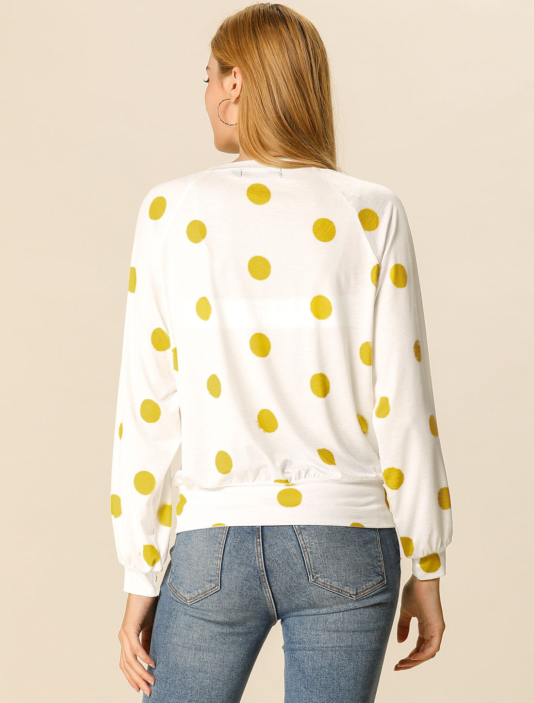 Allegra K Long Sleeve Soft T-shirt Blouse Casual Polka Dots Top