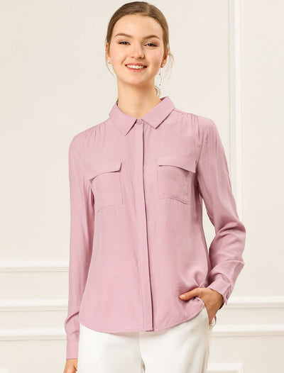 Work Blouse Button Down Flap Pocket Collared Long Sleeve Shirt