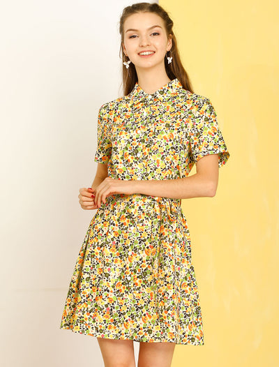 Floral Short Sleeve Casual Tie Waist Pocket Shirt Dress