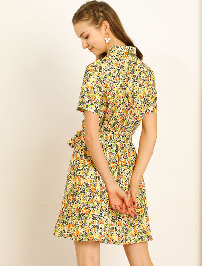 Floral Short Sleeve Casual Tie Waist Pocket Shirt Dress
