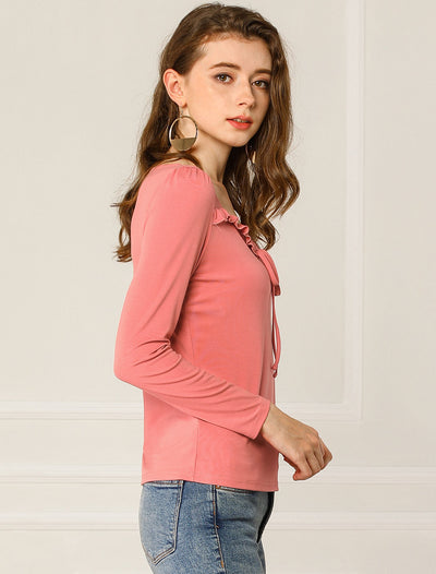 Casual Sweetheart Neck Solid Long Sleeve Fitted Tops