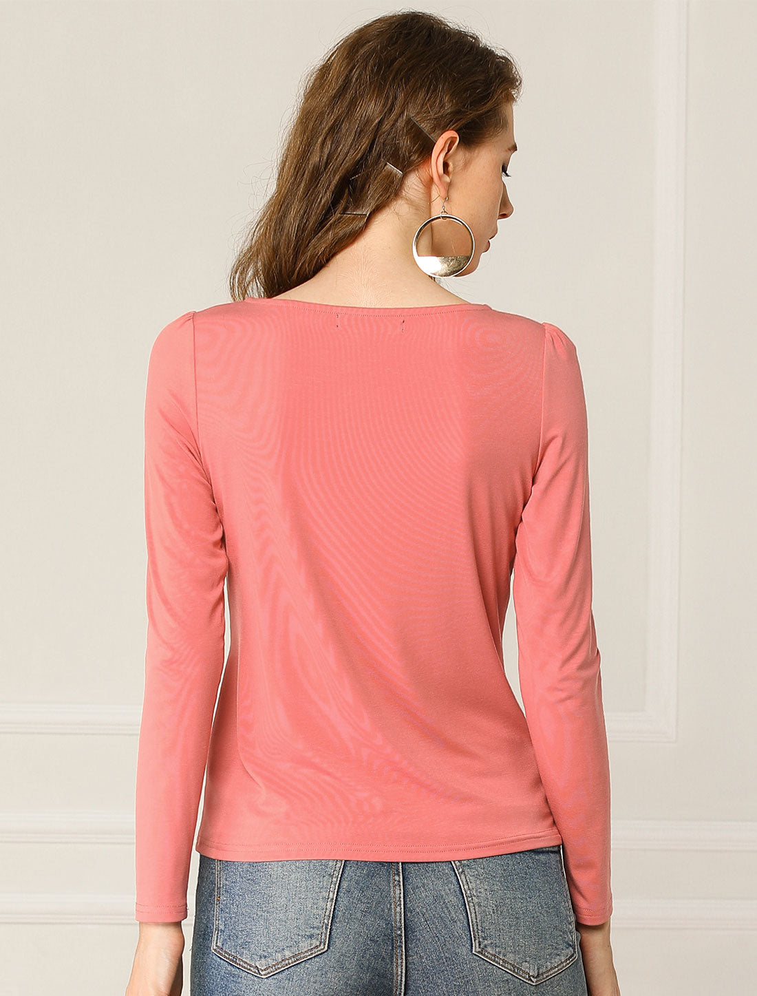 Allegra K Casual Sweetheart Neck Solid Long Sleeve Fitted Tops