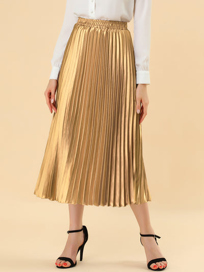Elastic Waist Metallic Shiny Accordion Pleated Midi Skirt