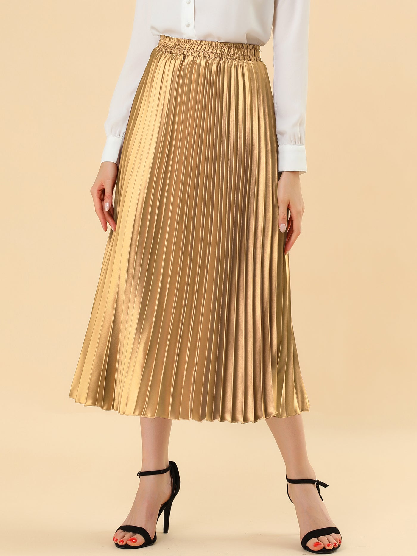 Allegra K Elastic Waist Metallic Shiny Accordion Pleated Midi Skirt