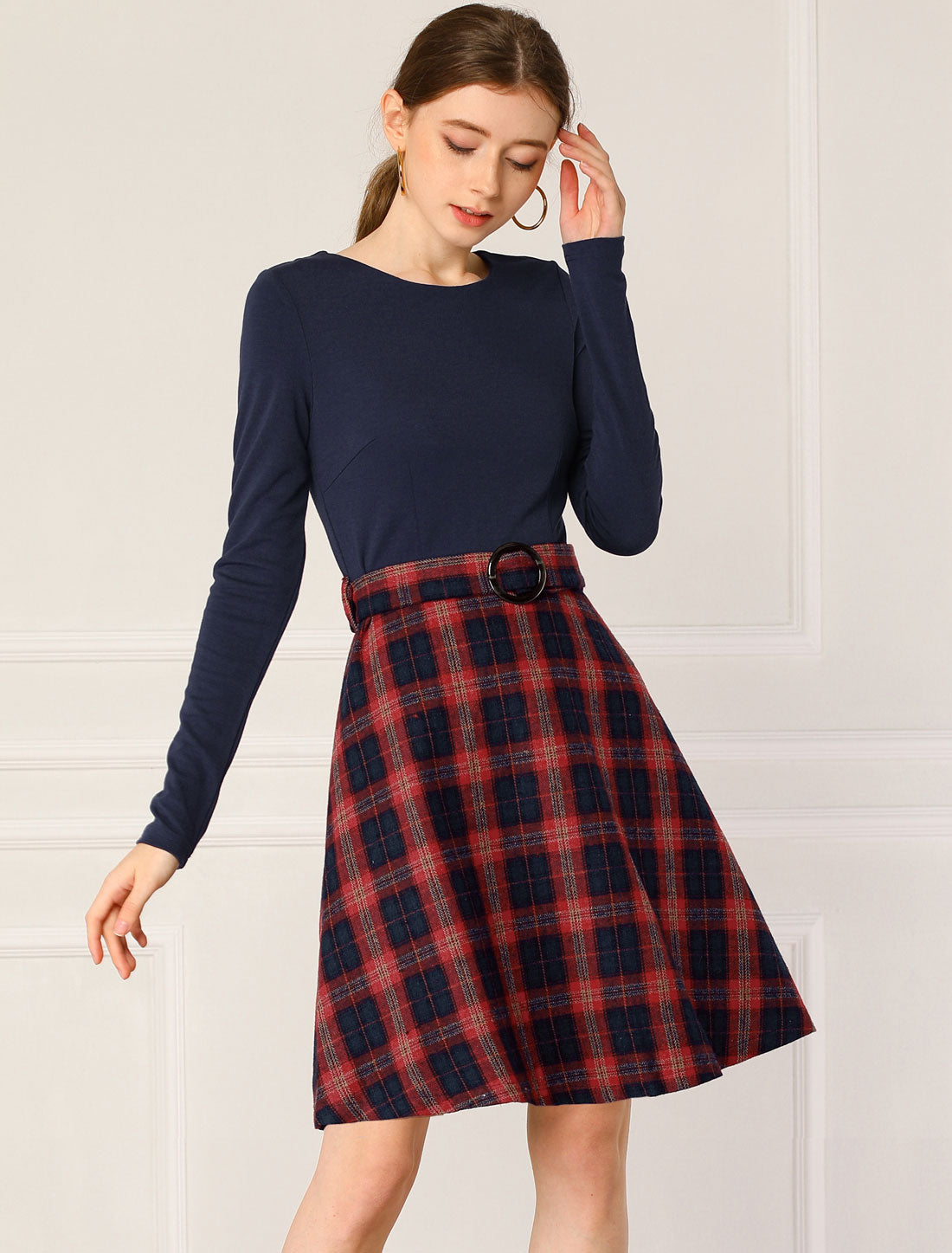 Allegra K Plaid A-Lined Long Sleeve Round Neck Belted Party Dress
