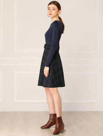 Plaid A-Lined Long Sleeve Round Neck Belted Party Dress