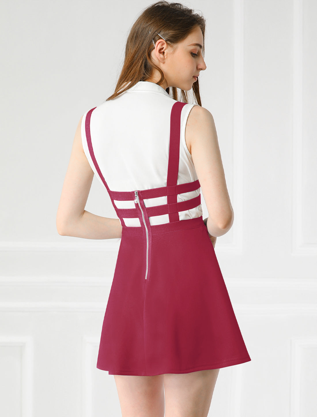 Allegra K Pleated Overall A-Line Elastic Waist Suspender Skirt