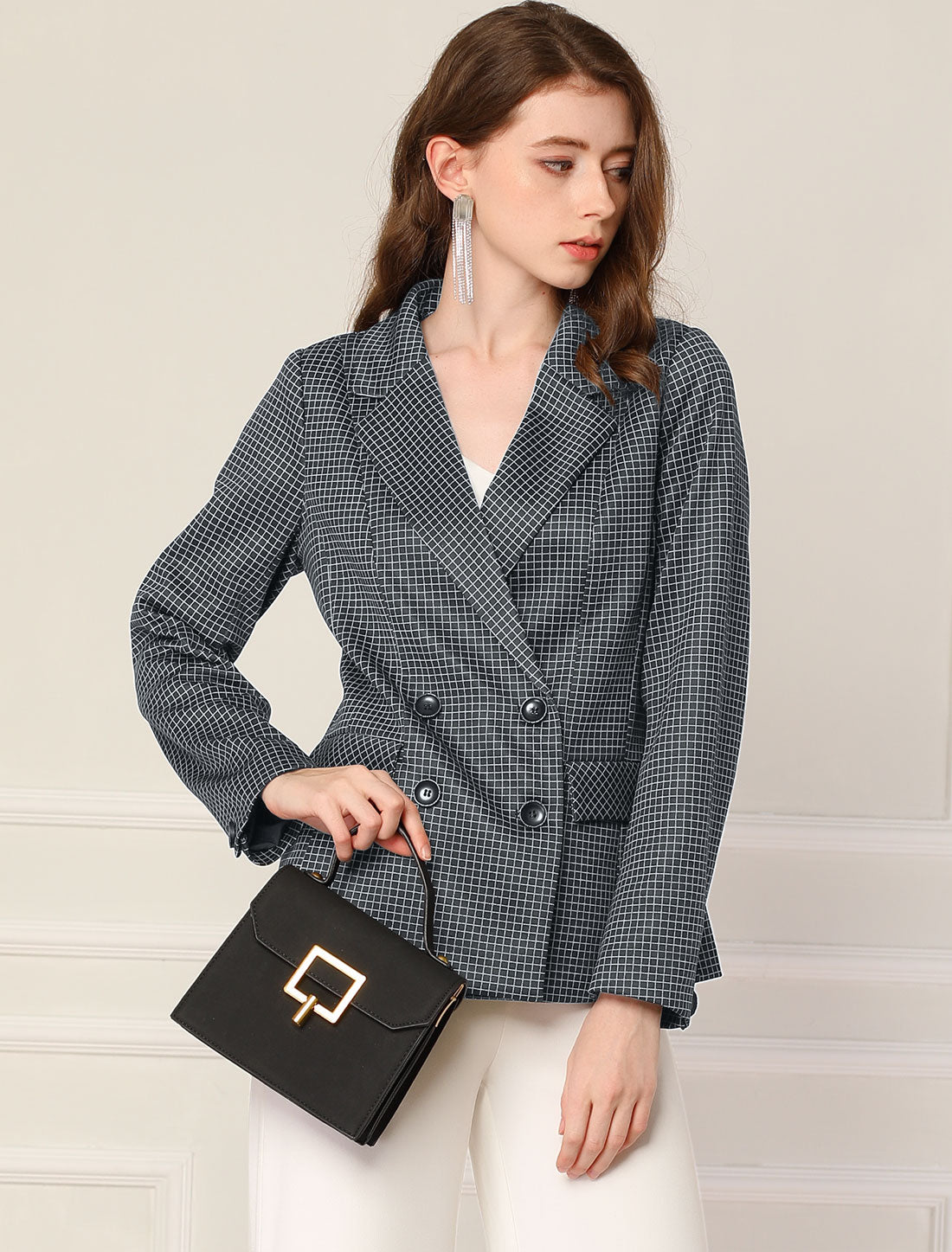 Allegra K Plaid Gingham Double Breasted Open Front Formal Blazers Jackets
