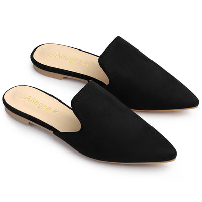 Allegra K Faux Suede Pointed Toe Flat Slip On Slides Mules