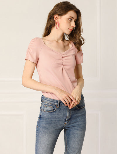 Ruched Sweetheart Neckline Short Sleeve Top Solid Color Blouse
