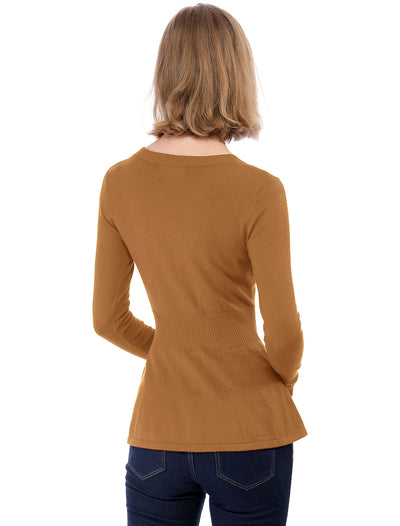 V Neck Long Sleeve Ribbed Pullover Knitted Peplum Top