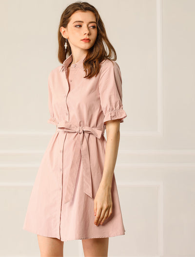 Ruffled Short Sleeve Cotton Solid Belted Button Down Shirt Dress