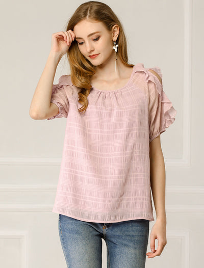 Ruffled Blouse Boat Neck Chiffon Out Shoulder Short Sleeve Tops