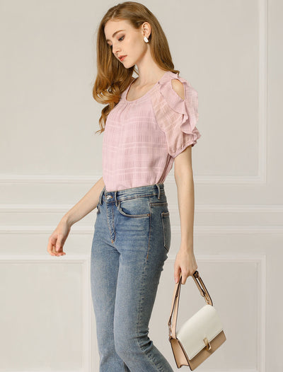 Ruffled Blouse Boat Neck Chiffon Out Shoulder Short Sleeve Tops