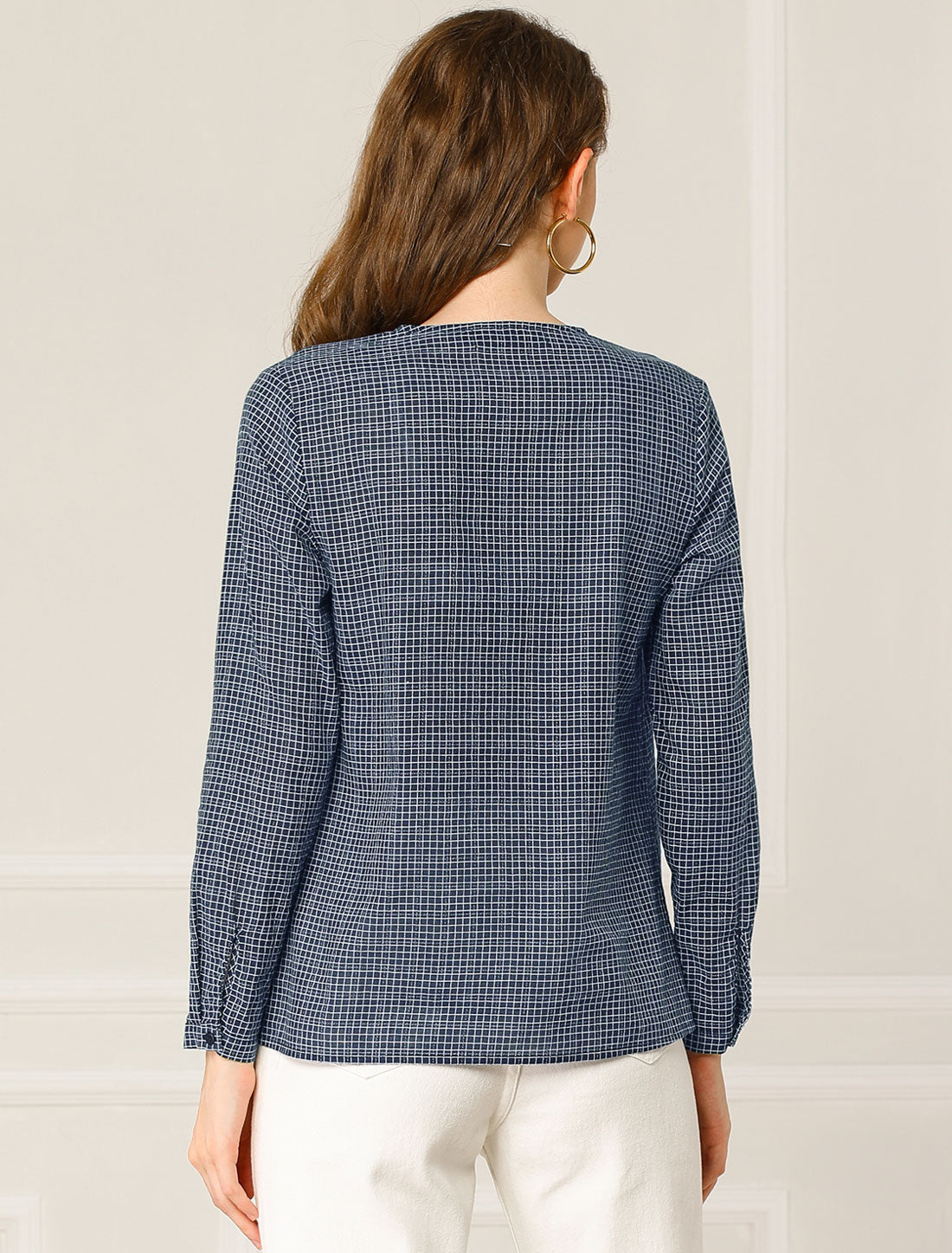 Allegra K Plaid Tops Blouse Zipper Front Spring Fall Long Sleeve Shirt