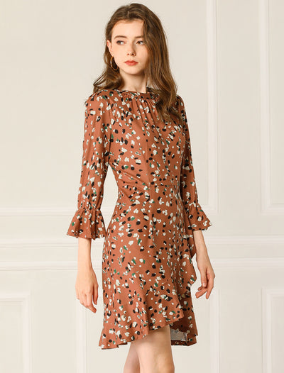 Trendy Leopard Print 3/4 Bell Sleeve Tulip Ruffle Hem Dress