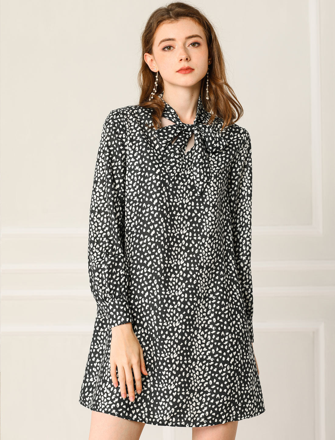 Allegra K Tie Neck Leopard Print Shift Long Sleeve Dress