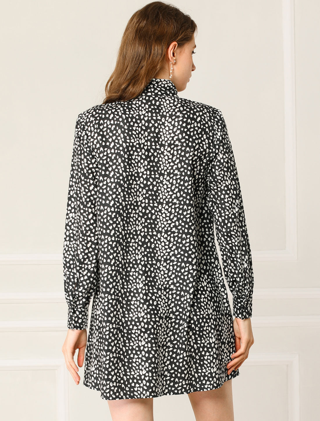 Allegra K Tie Neck Leopard Print Shift Long Sleeve Dress