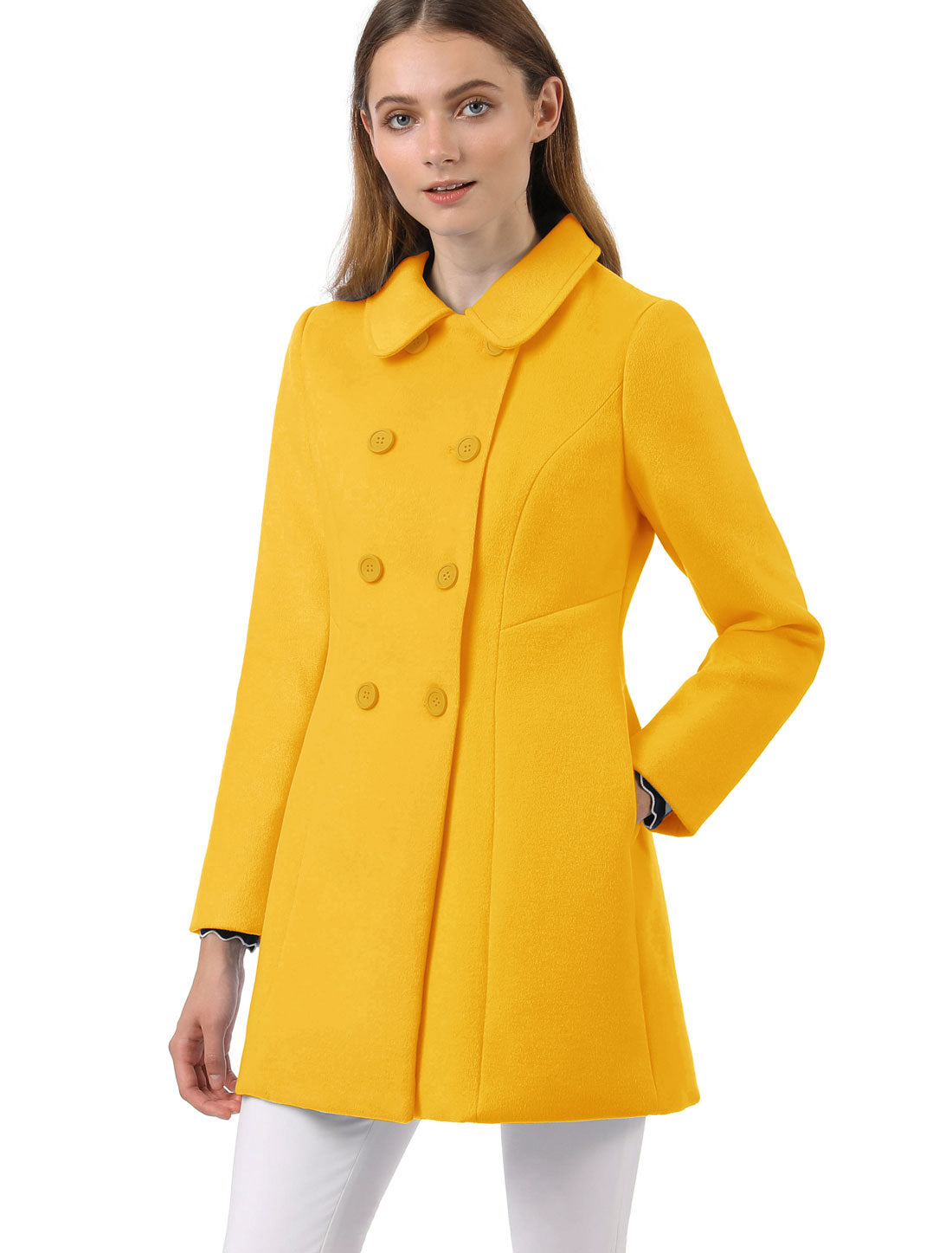 Allegra K Peter Pan Collar Double Breasted Winter Long Trench Pea Coat