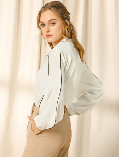 Long Ballon Sleeve Tie V Neck Contrast Color Piped Loose Blouse