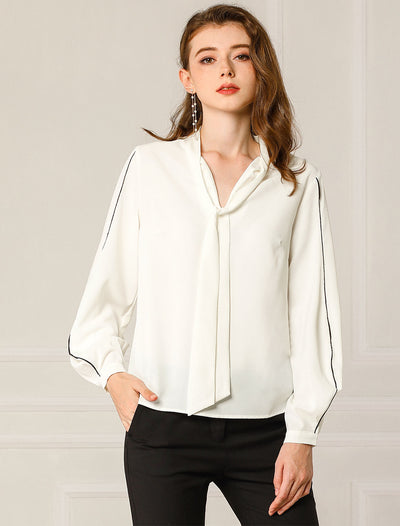 Long Ballon Sleeve Tie V Neck Contrast Color Piped Loose Blouse