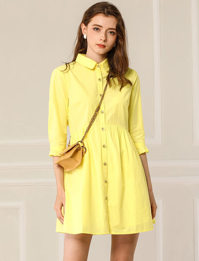 Women's Casual Shirt Dress Ruched 3/4 Sleeve Button Up Mini Dresses