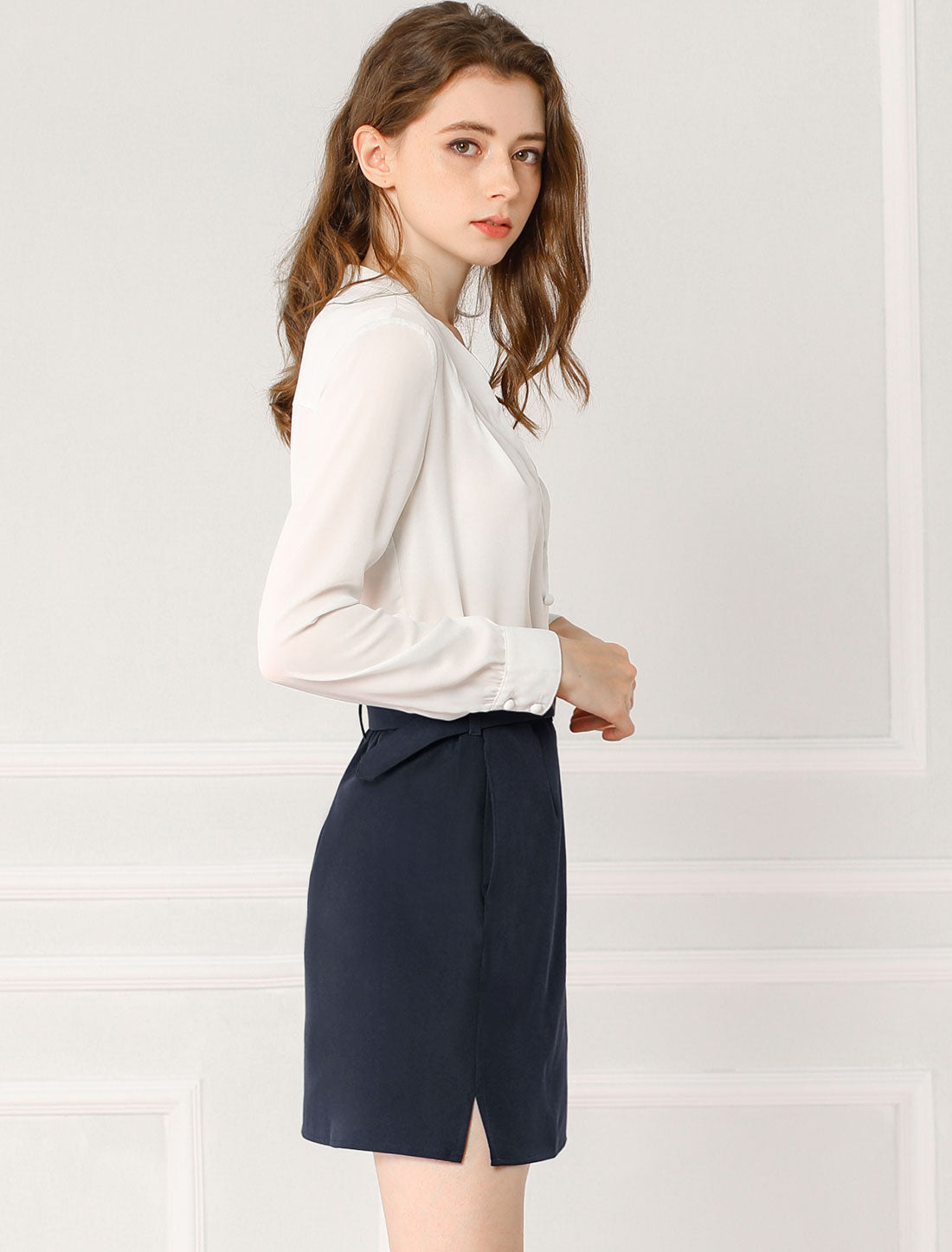 Allegra K Work Office Belted Elastic Waist Back Mini Skirt with Pockets